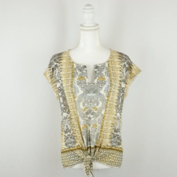 Lucky Brand Women's Medium Yellow Black Split Scoop Neck Tie Hem Cap Sleeve Tee - Picture 2 of 10